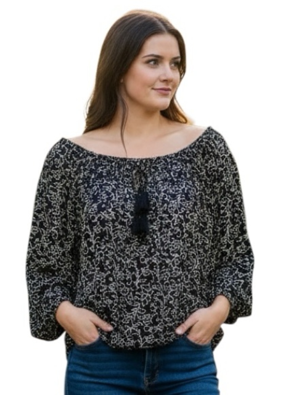 Denim & Supply Ralph Lauren XL Black Cream Boho Peasant Top Tassel Tie